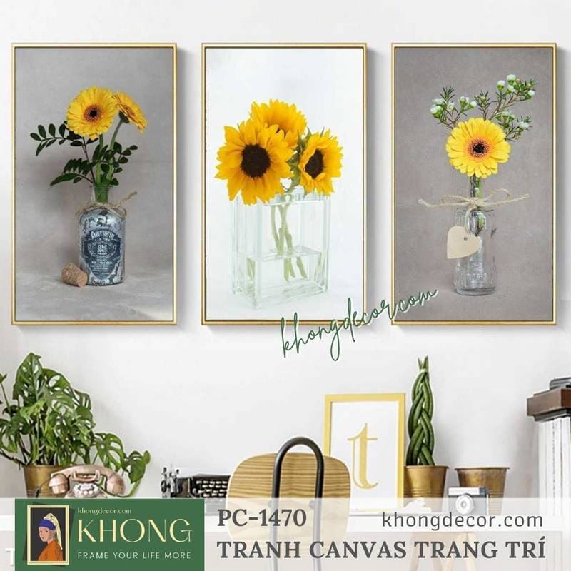 Bộ 3 tranh in canvas decor đẹp hoa vàng PC-1470