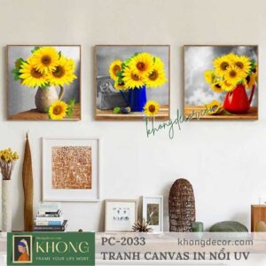 Tranh bộ 3 tranh in canvas phòng khách Lọ hoa hướng dương PC-2033