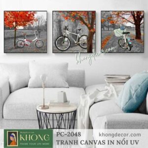 Tranh bộ 3 tranh in canvas Xe đạp mùa thu PC-2048